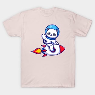 Cute Panda Astronaut Riding Rocket And Waving Hand Cartoon T-Shirt